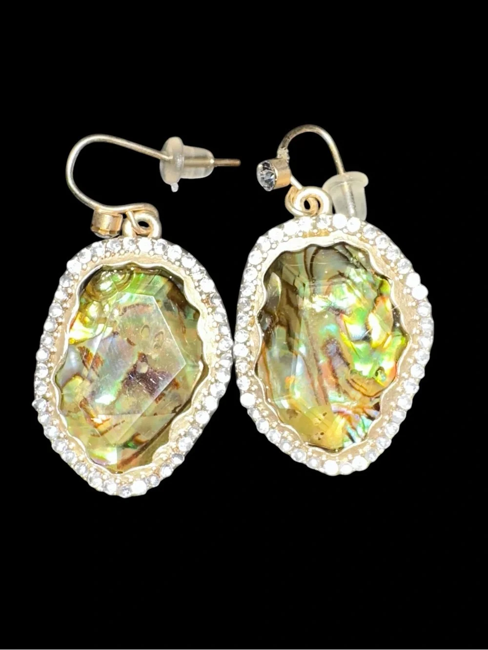 Hinged Cuff Bracelet with Matching Earrings Iridescent Abalone and Crystal